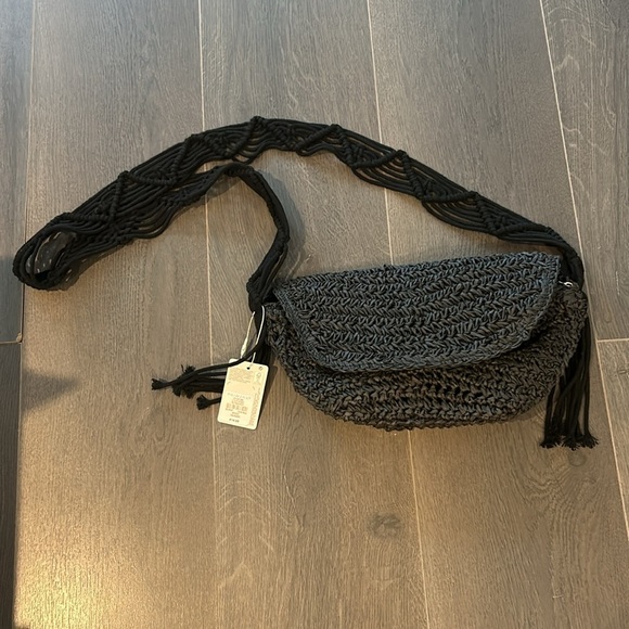 Primark Black Raffia Macrame Shoulder Strap Crossbody Bohemian Bag NWT - Picture 7 of 16